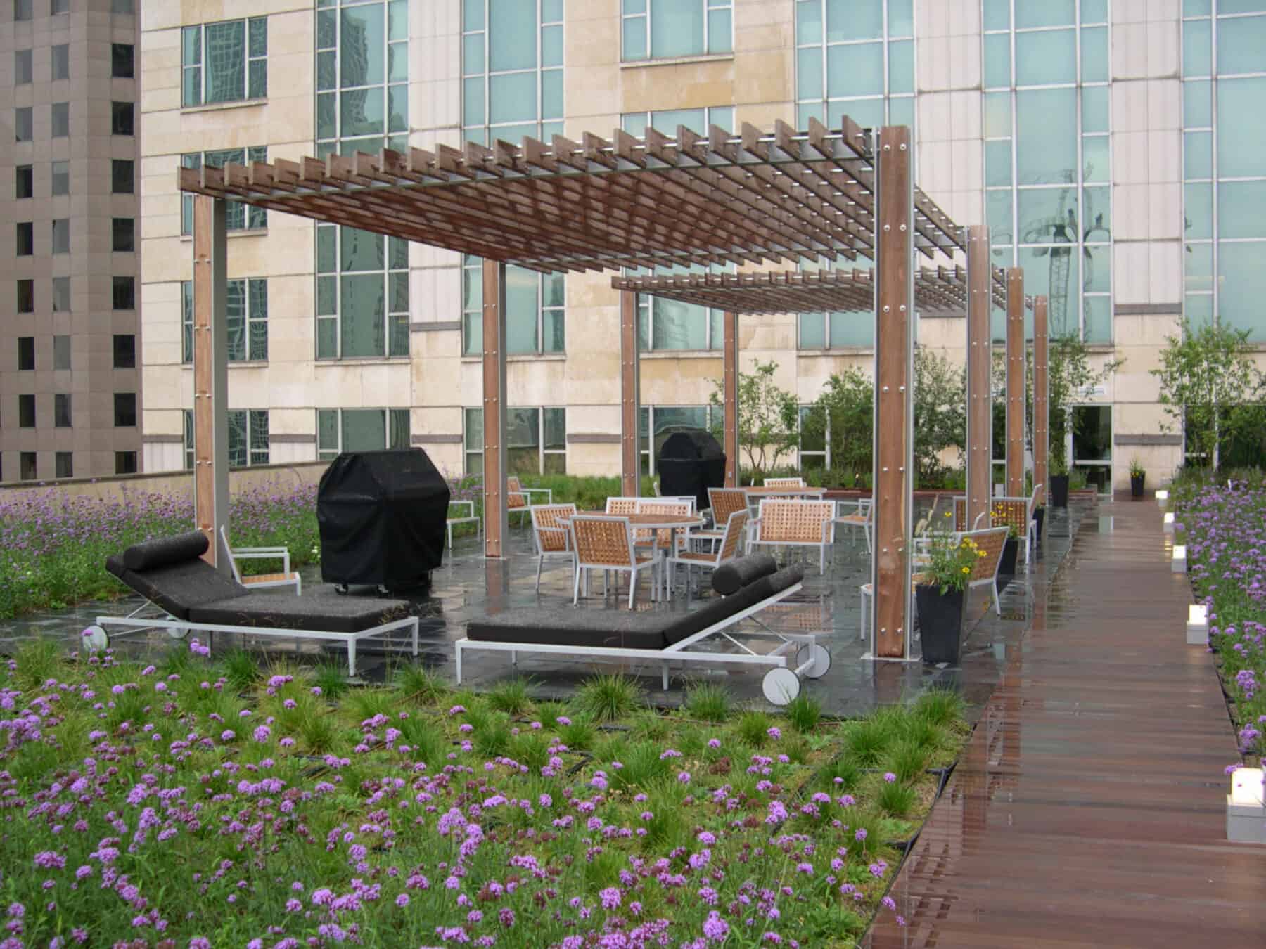 Contemporary Beautiful Rooftop Deck with Ipe Container Garden, Walkway and Open Full Sun Pergola by Commercial Builder & General Contractor Structural Enterprises