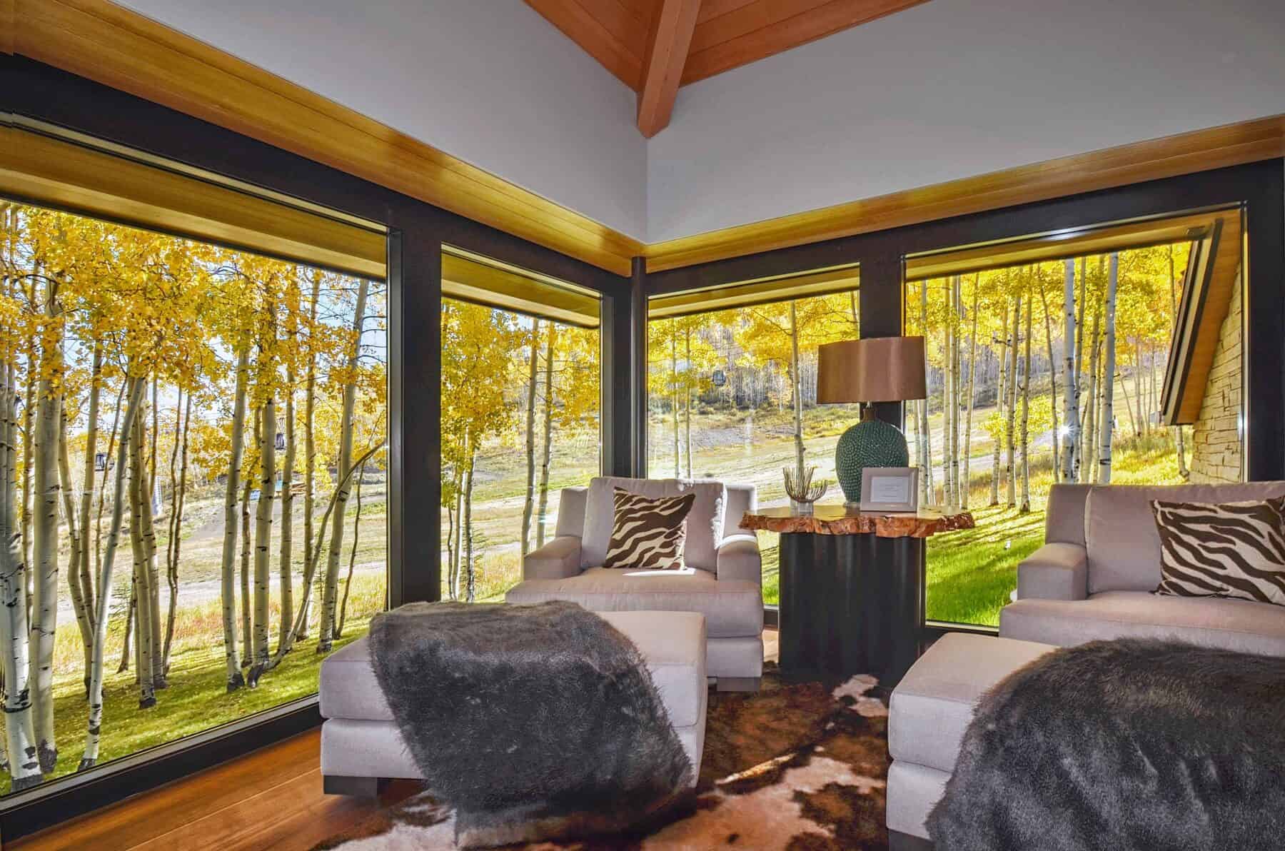 A Sitting Room with Nature View in Aspen, Colorado CusSitting Room Surrounded by Nature View in Aspen, Colorado Custom Home. Luxury Home Building Interiors