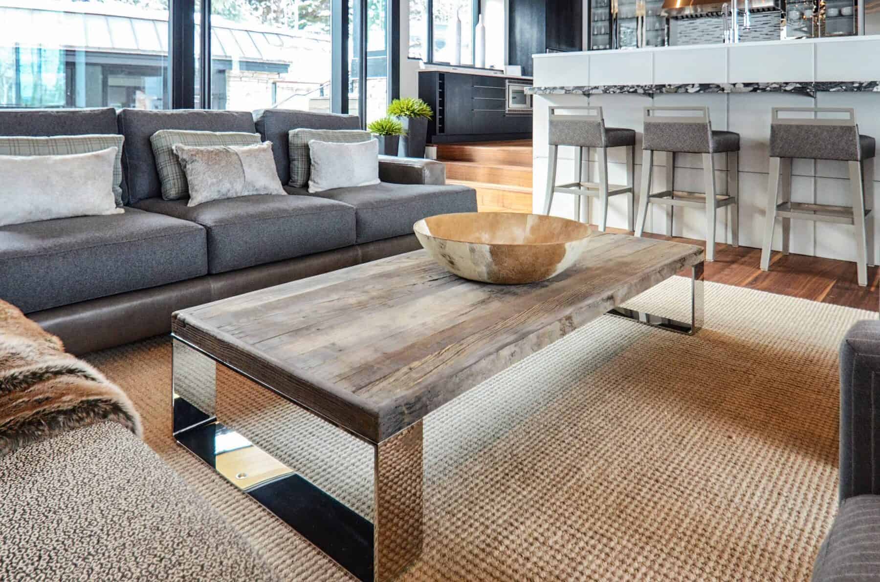 Custom Reclaimed Table with Chrome Lets in Aspen, Colorado Custom Home. Luxury Home Building Interiors
