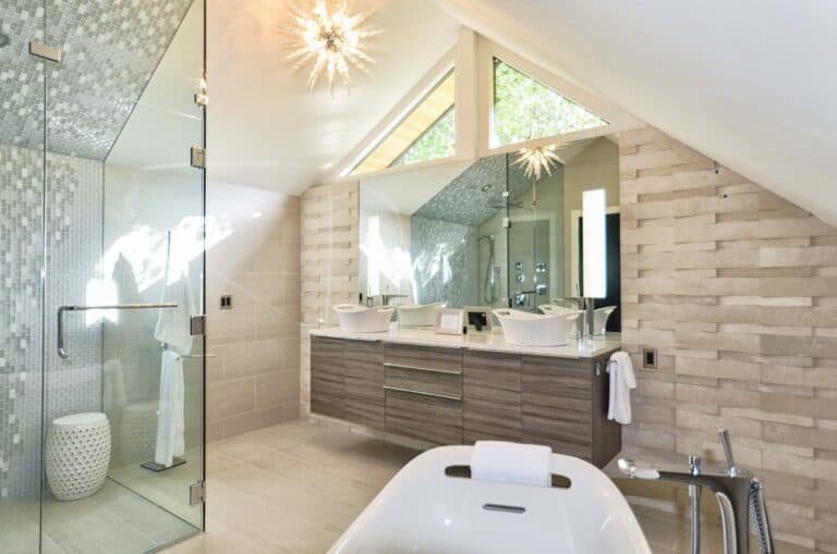 Custom Modern Master Bathroom with Floating Vanity in Aspen, Colorado Custom Home. Luxury Home Building Interiors
