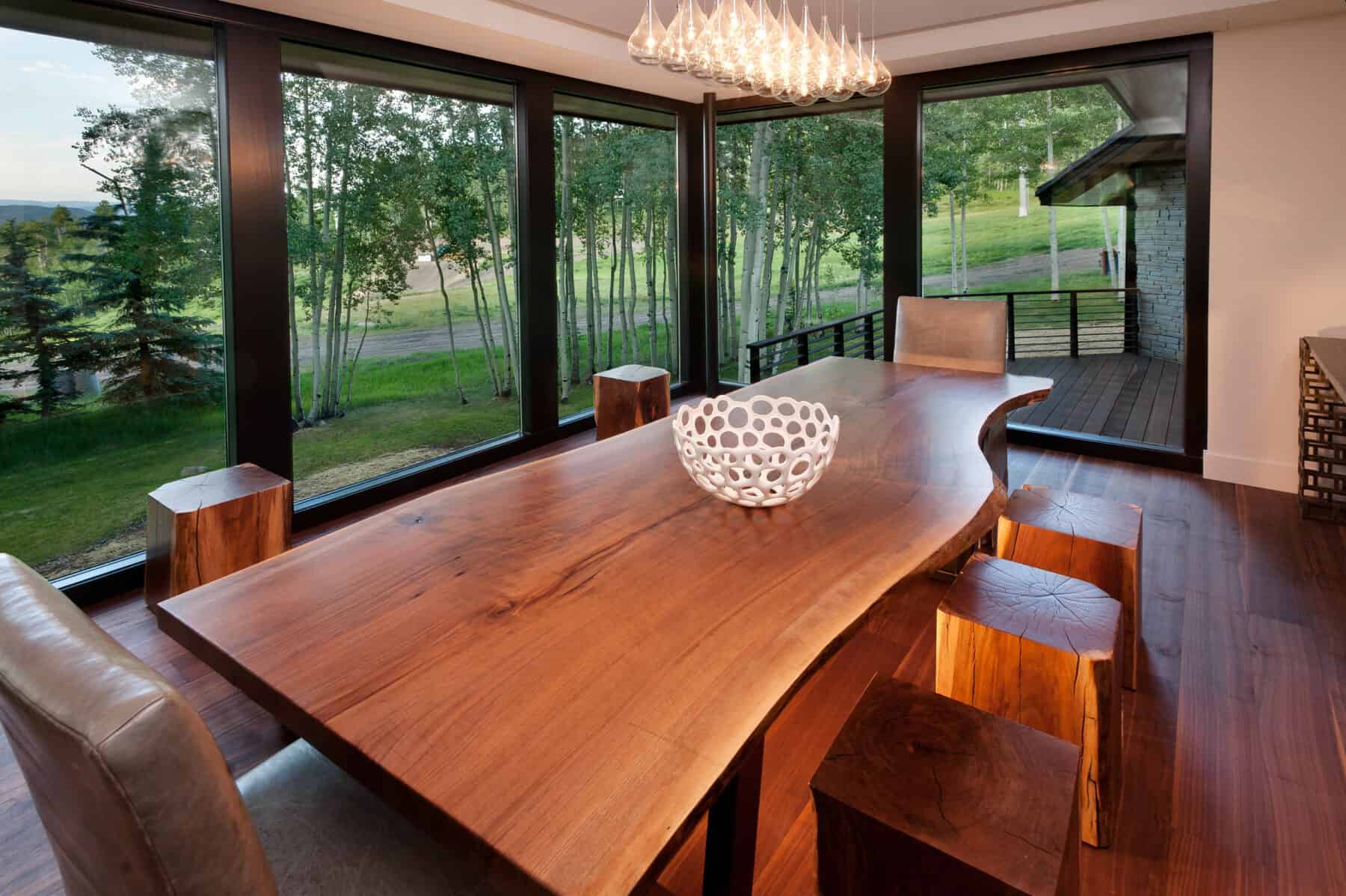 Custom Walnut Live Edge Dining Table with Stools in Aspen, Colorado Custom Home. Luxury Home Building Interiors