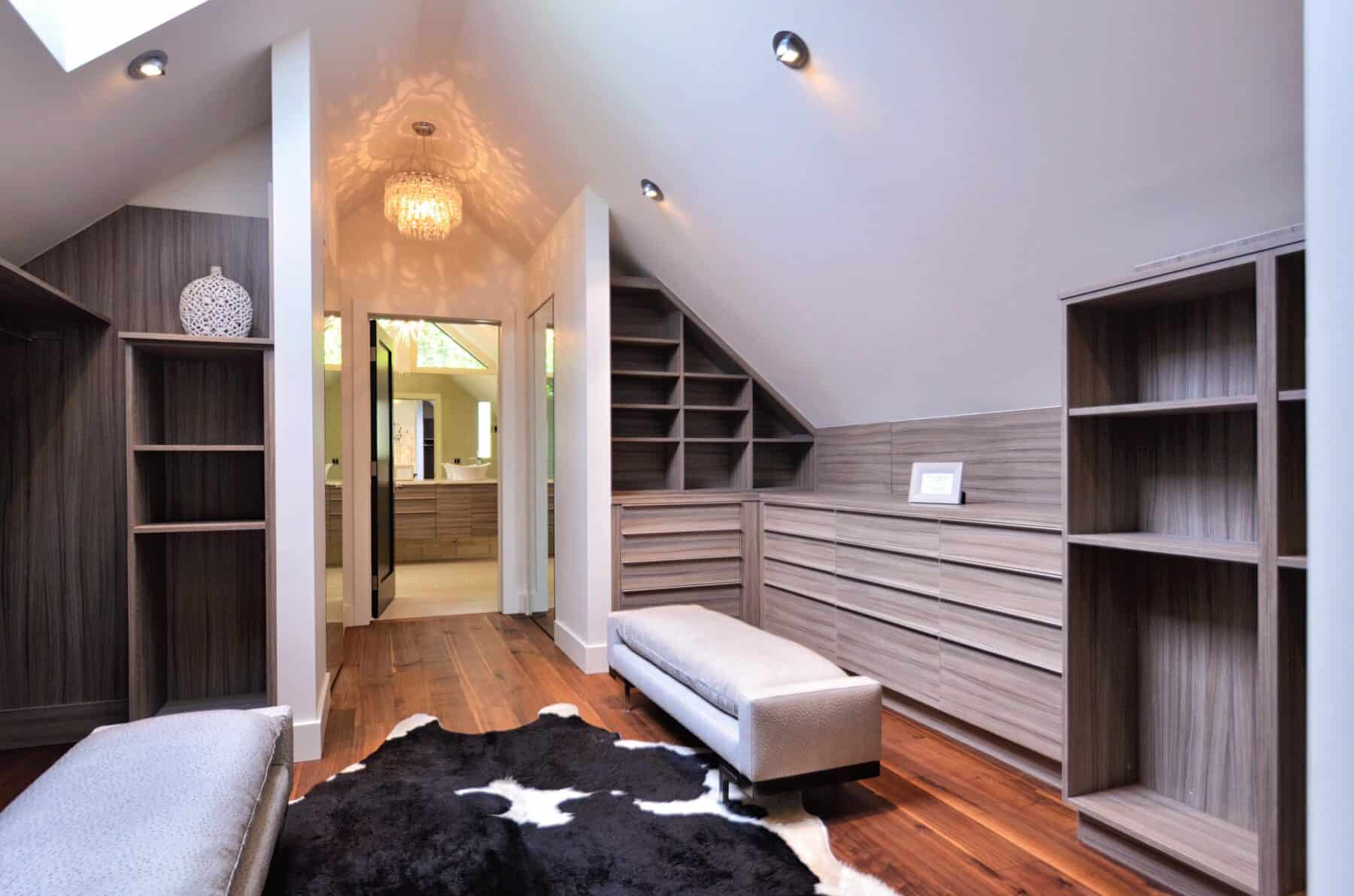 Custom Covid-Friendly Master Closet with Cowhide Rug in Aspen, Colorado Custom Home. Luxury Home Building Interiors