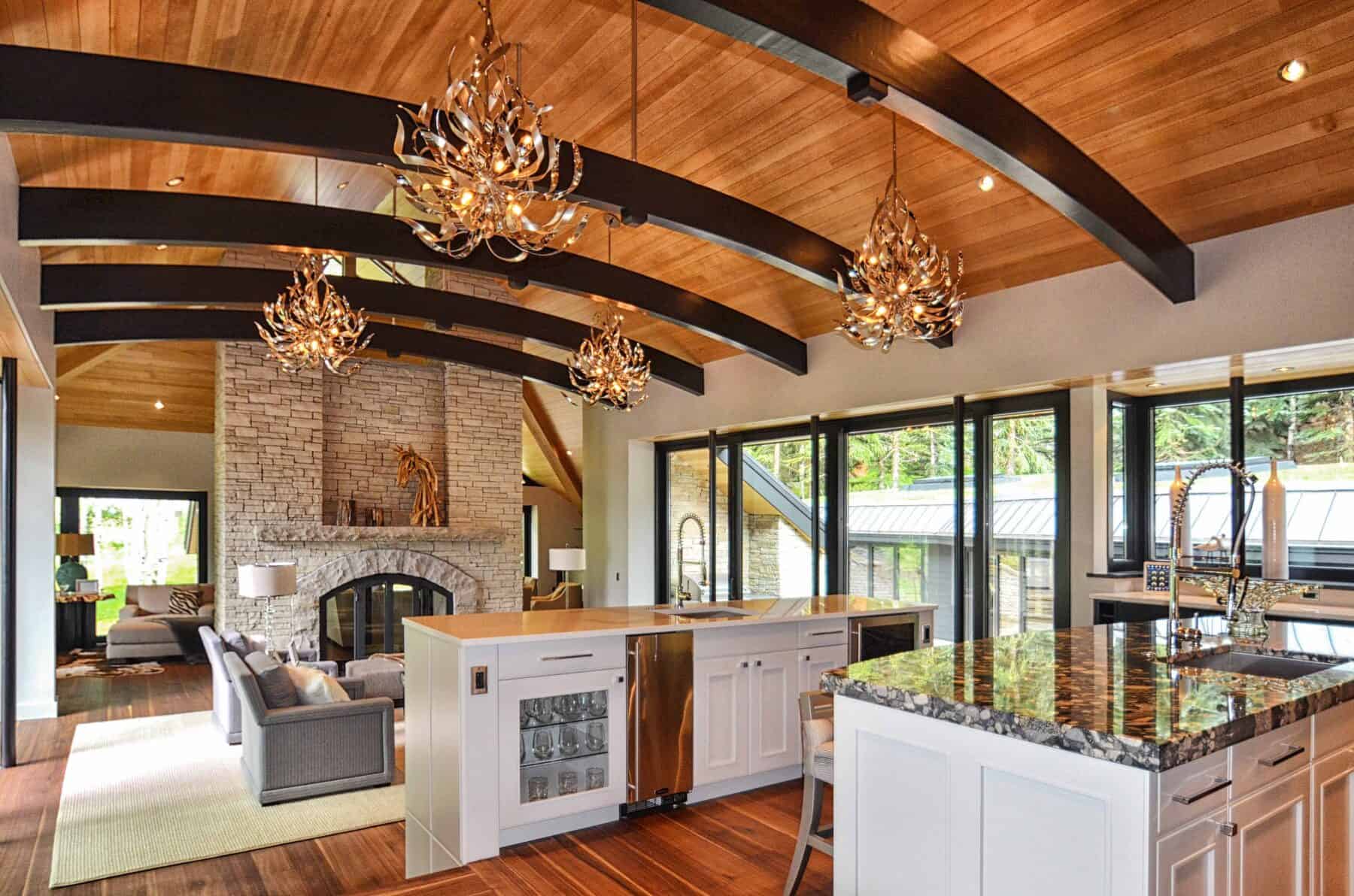 Exquisite Custom Hand Painted Maple Kitchen Cabinets and Black Curved Black Ceiling Beams by Commercial Builder & General Contractor Structural Enterprises