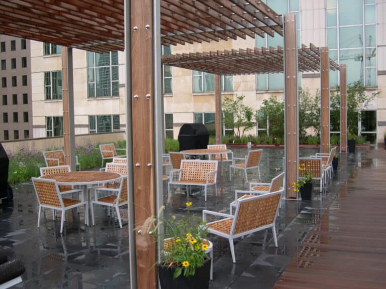 Custom Fabrication of Architectural Stainless Steel Metal and Ipe Wood Rooftop Pergola from Construction Specialty Projects by Commercial Builder & General Contractor Structural Enterprises