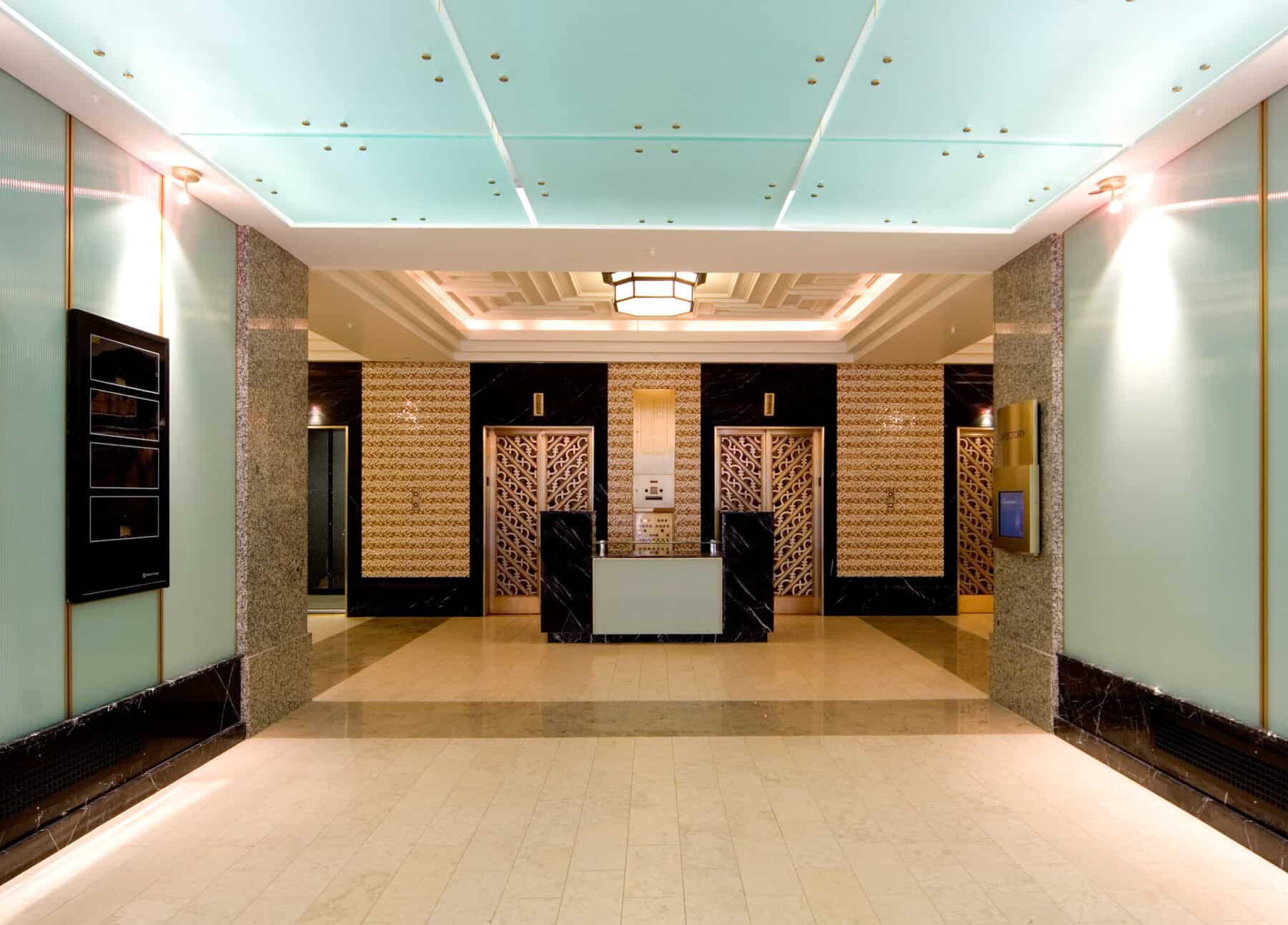 Art Deco La Salle Street Lobby Remodel including Custom Glass Ceiling by Commercial Builder & General Contractor Structural
