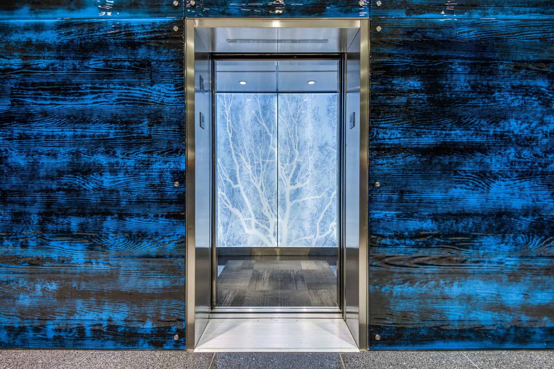 Modern Custom Blue Glass Wall and Back Lit Glass with Trees in the Elevator Michigan Lobby Remodel by Commercial Builder & General Contractor Structural Enterprises